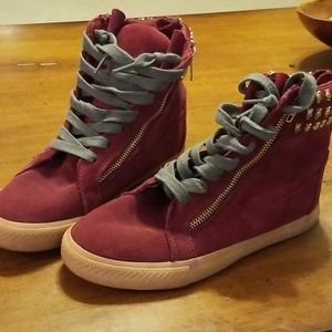 Red velour high top sneakers, zip up
